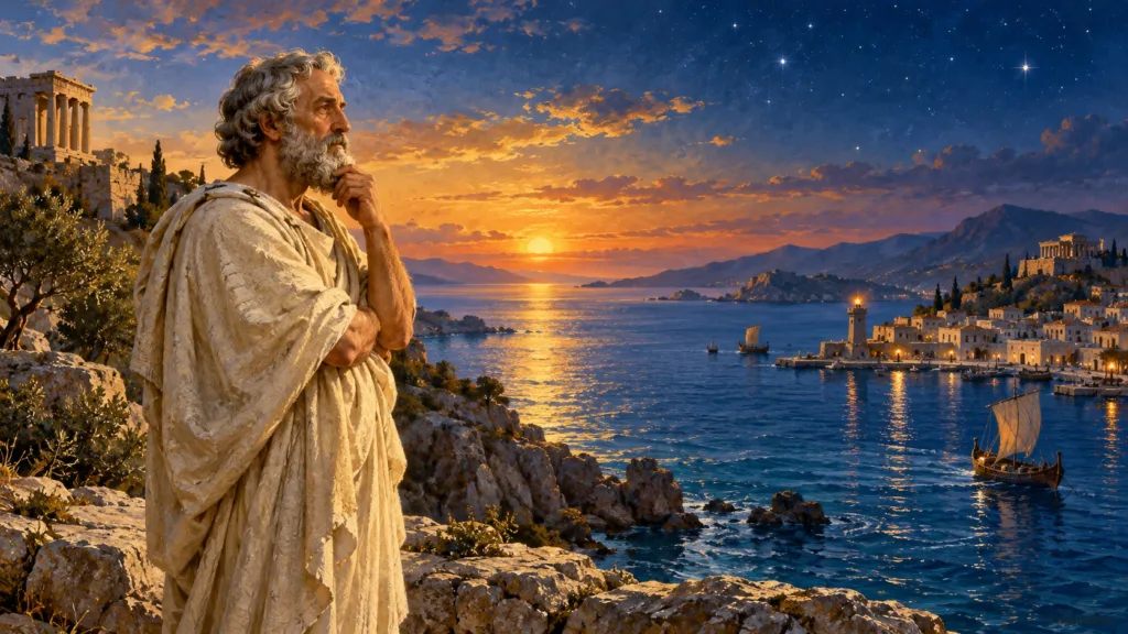 Ilustración de Tales de Mileto contemplando el mar al anochecer, con un puerto antiguo al fondo.