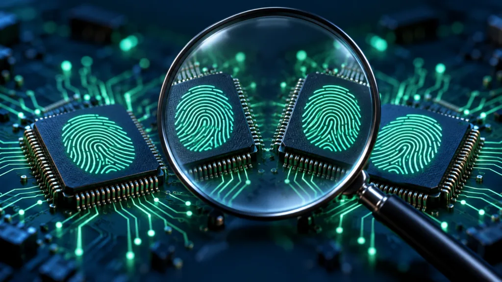 Dos chips con huellas digitales iguales y una lupa que destaca la coincidencia.