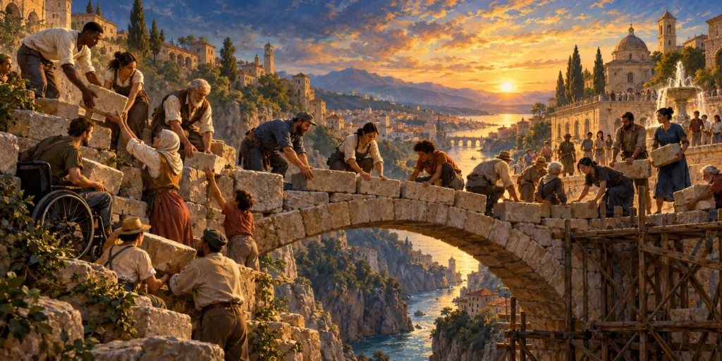Un grupo de personas colabora en la construcción de un puente de piedra.