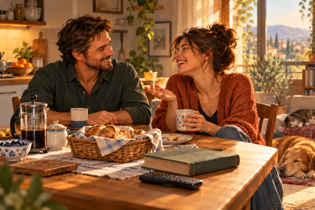 Una pareja sonríe y conversa mientras toma café en la mesa de la cocina.
