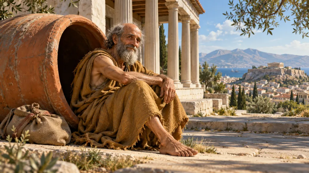 Recreación de Diógenes de Sinope sentado junto a una gran tinaja de cerámica, bajo el sol de la antigua Grecia.