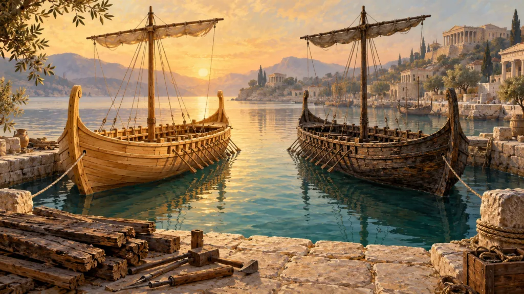 Dos embarcaciones de madera, una clara y otra oscura, amarradas en un puerto de inspiración griega al amanecer.