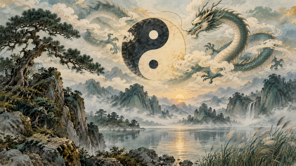 Ilustración de un dragón chino junto al símbolo del yin y yang sobre un paisaje de montañas entre la niebla.