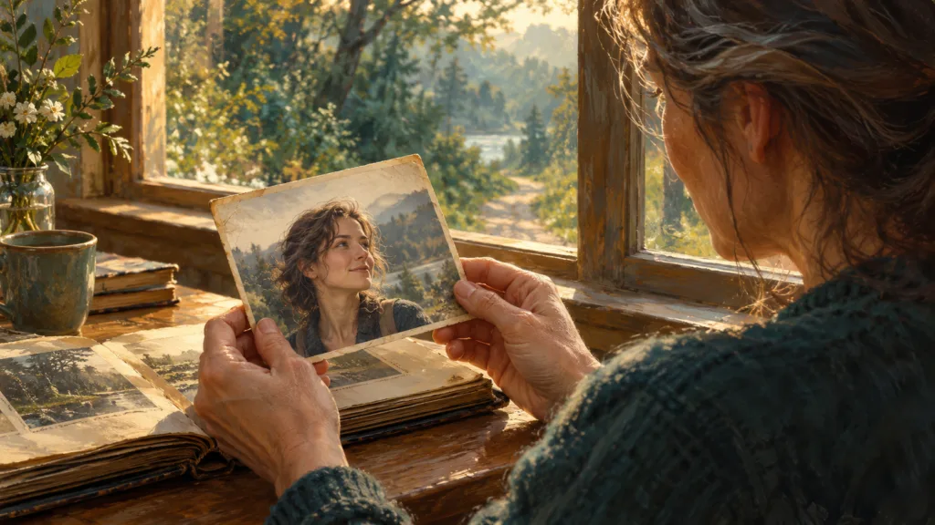 Una mujer contempla una fotografía de su juventud junto a un álbum abierto y una ventana iluminada por el sol.
