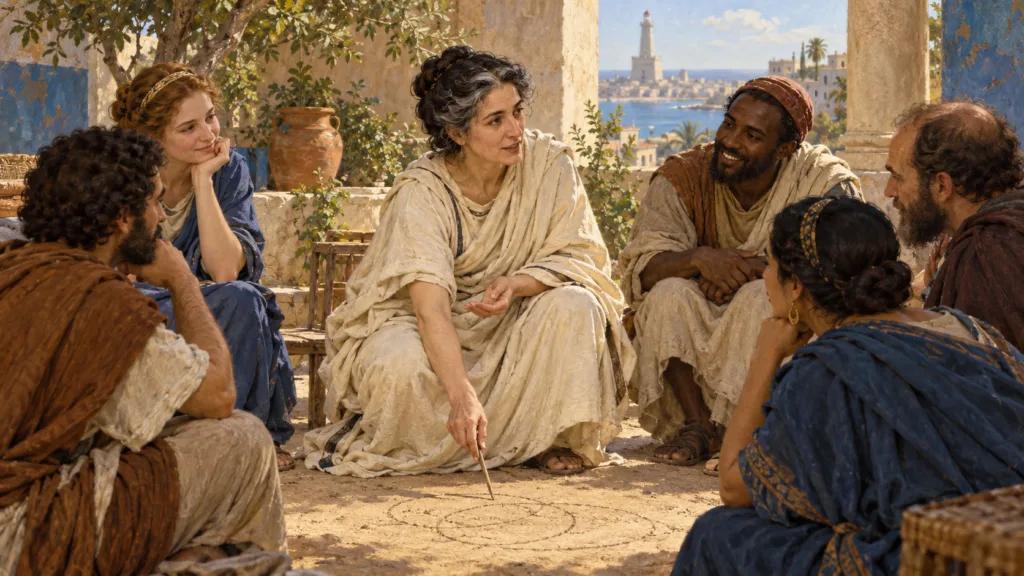 Recreación de Hipatia junto a una mesa con papiros y un instrumento astronómico, con el puerto de Alejandría al fondo.