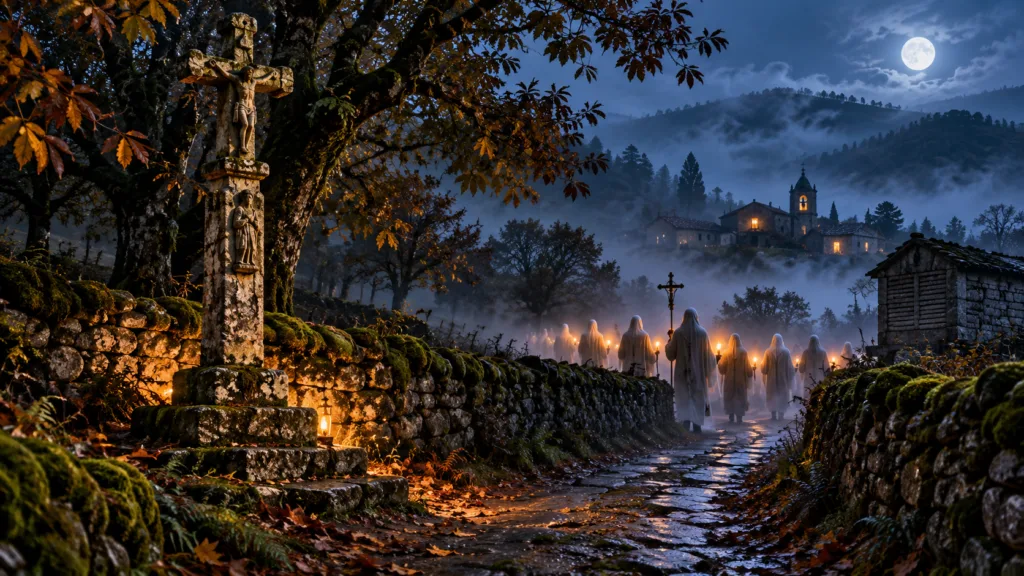 Ilustración de una procesión de figuras con velas en una corredoira gallega con niebla, junto a un cruceiro.