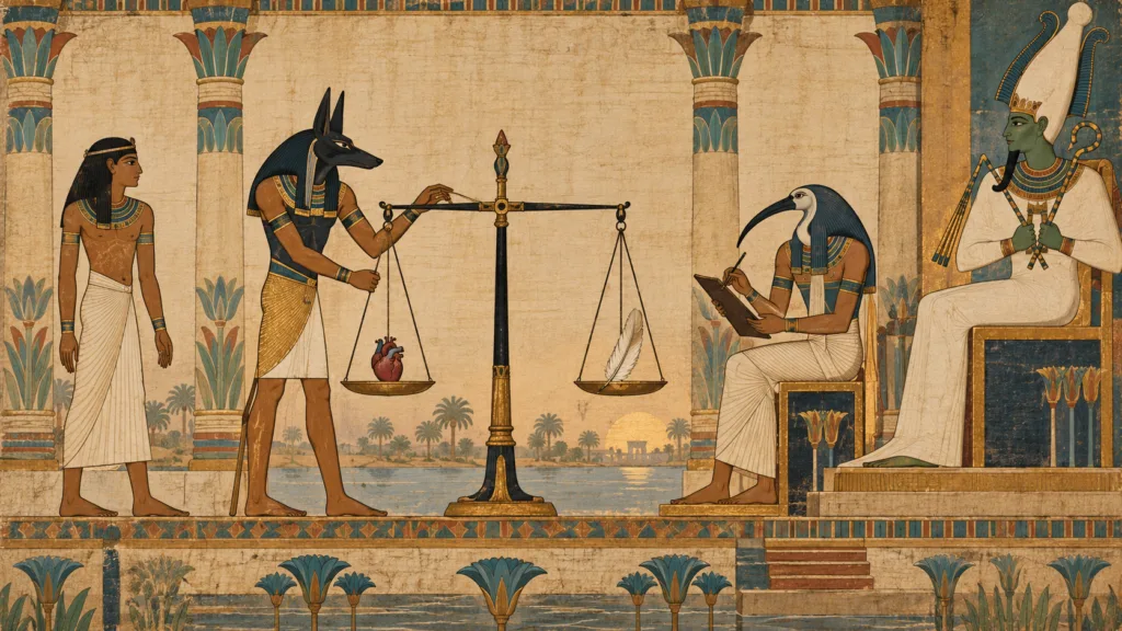 Anubis junto a una balanza con un corazón y una pluma, mientras Thot registra el juicio ante Osiris.