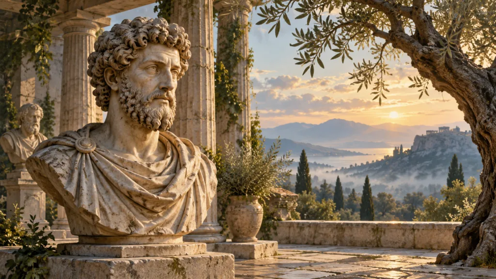 Busto de mármol inspirado en Marco Aurelio entre columnas clásicas y un olivo, iluminado por el amanecer.