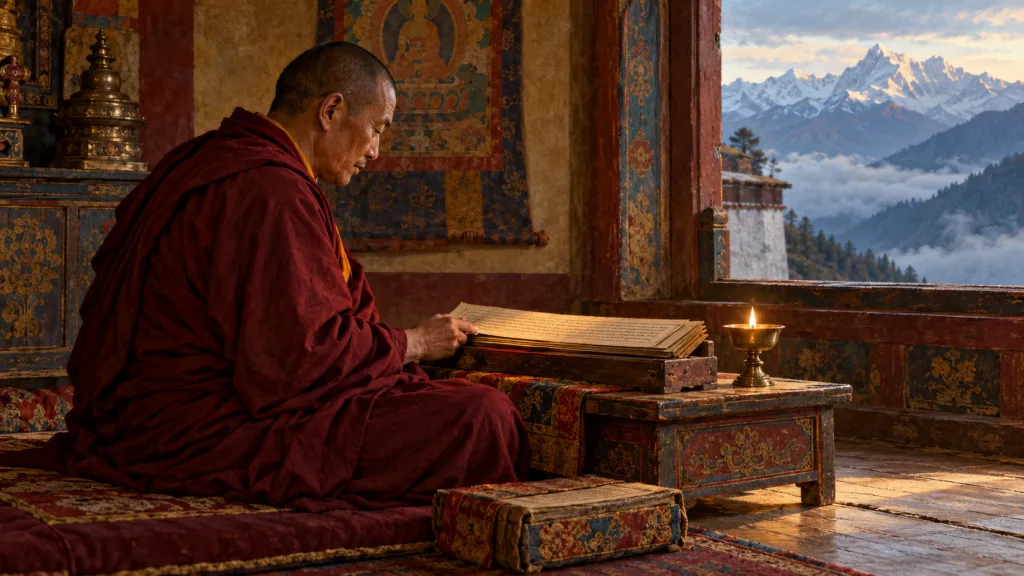 Monje tibetano leyendo un texto junto a una lámpara, con montañas nevadas visibles por la ventana.