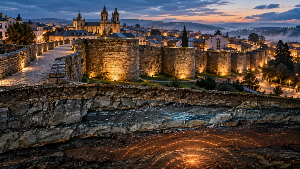 Ilustración conceptual de la muralla de Lugo al anochecer y ondas sísmicas bajo el terreno.