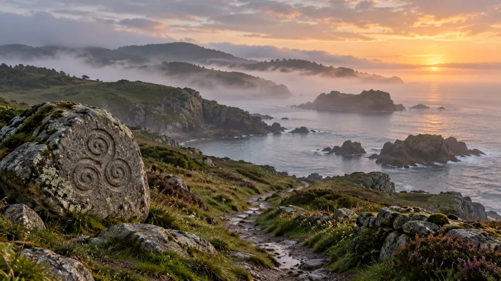 Costa de inspiración gallega entre la niebla, con un trisquel tallado en piedra y luz sobre el mar