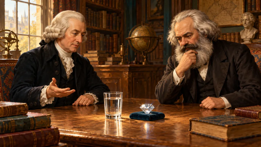 Adam Smith y Karl Marx conversan ante una mesa con un vaso de agua, un diamante y libros.
