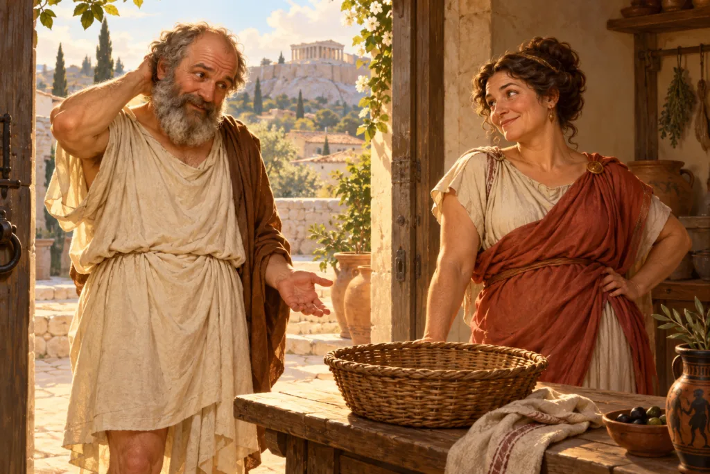 Representación imaginaria de Sócrates llegando a casa con las manos vacías mientras Jantipa lo mira junto a una cesta sin pan.