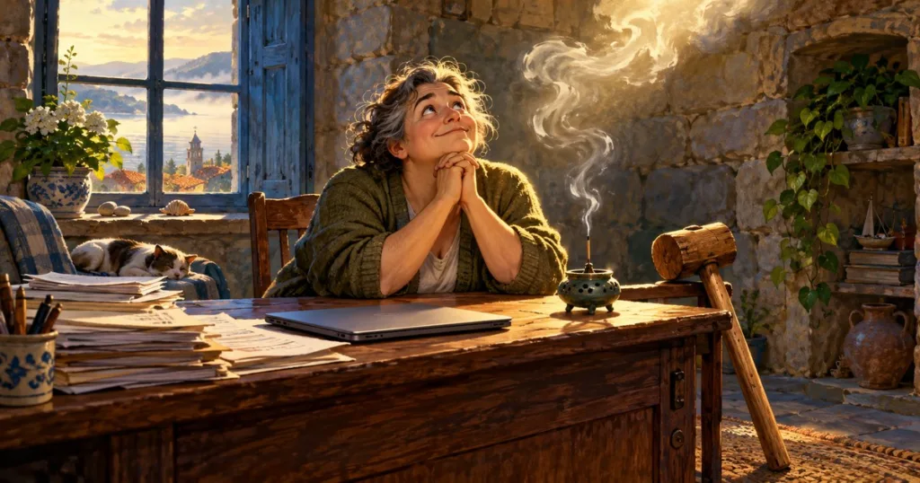 Una persona mira el humo del incienso mientras los papeles y un mazo esperan junto al escritorio.