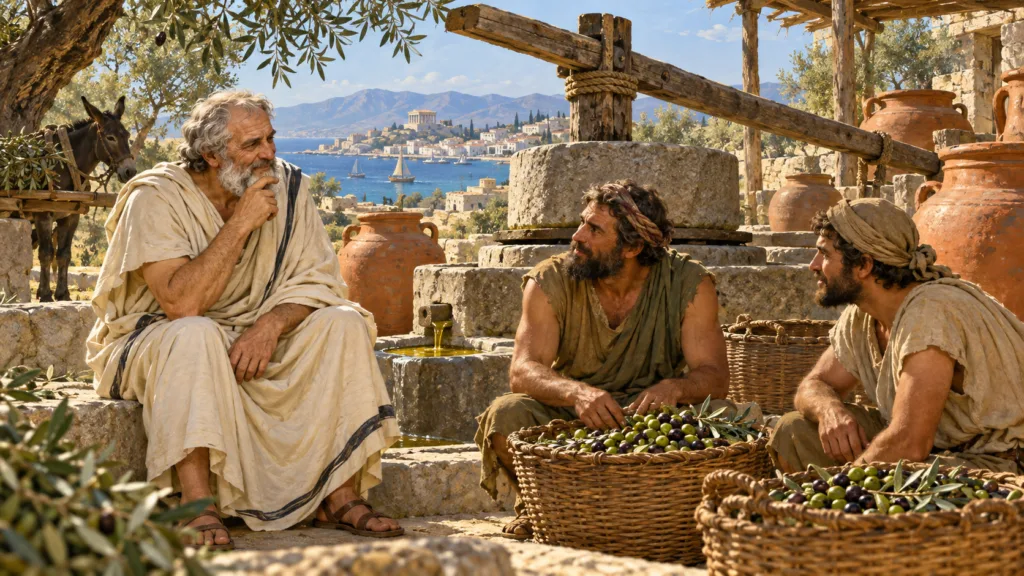 Ilustración de Tales conversando con agricultores junto a una prensa antigua, cestos de aceitunas y vasijas de barro.