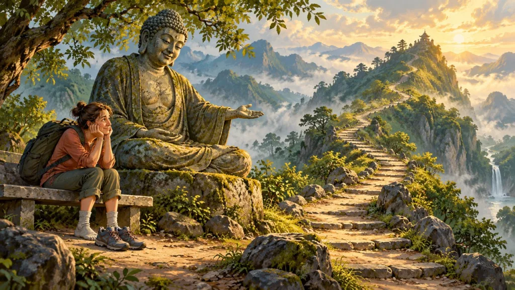 Una estatua de Buda señala un sendero mientras una persona con mochila permanece sentada en un banco.